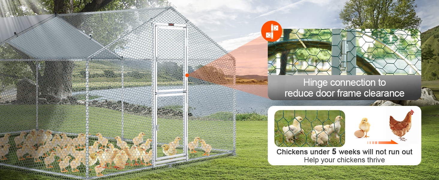 Металлический курятник VEVOR с дверцей на петлях и цыплятами на открытом воздухе с детализированной сеткой крупным планом.