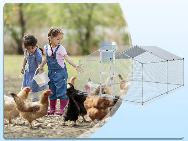 дети кормят цыплят возле металлического курятника VEVOR на зеленом открытом воздухе.