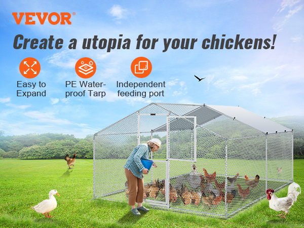 VEVOR metal chicken coop in a green field with chickens, ducks, and a person feeding with a blue bucket.