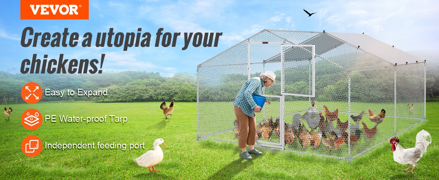 VEVOR metal chicken coop in a green field with chickens, ducks, and a person feeding with a blue bucket.