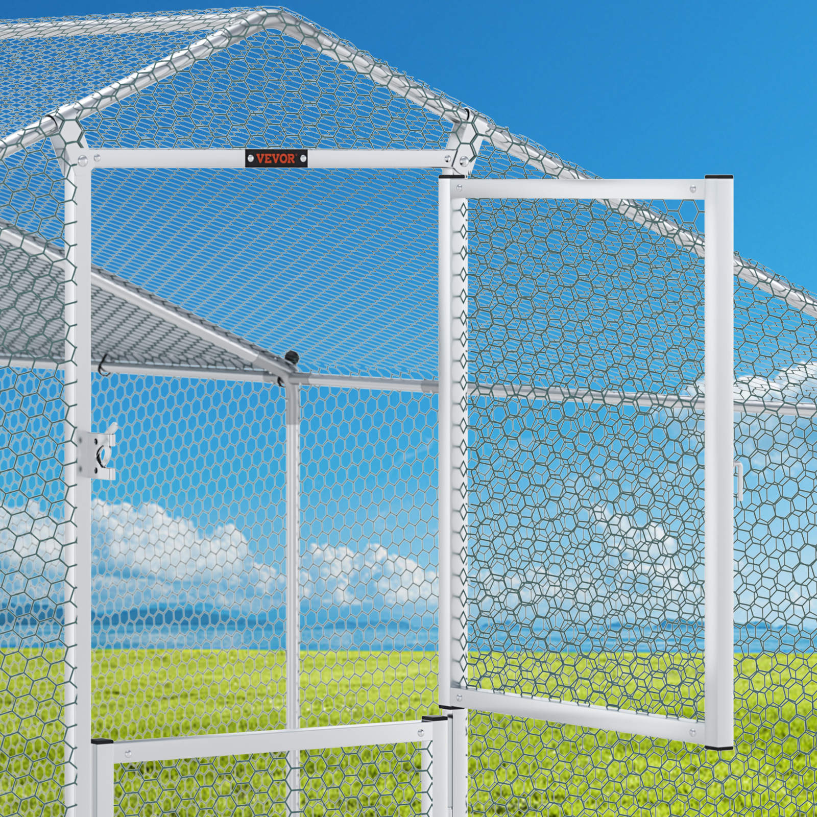 VEVOR metal chicken coop in a sunny field with a blue sky backdrop, highlighting the sturdy structure.