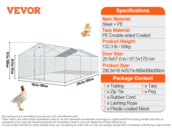VEVOR large metal chicken coop with specifications and package content listed, plus dimensions in inches and cm.