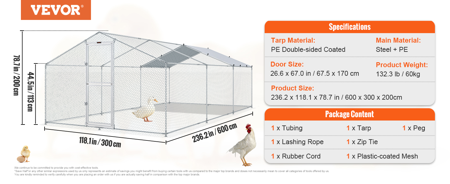 VEVOR large metal chicken coop with specifications and package content listed, plus dimensions in inches and cm.