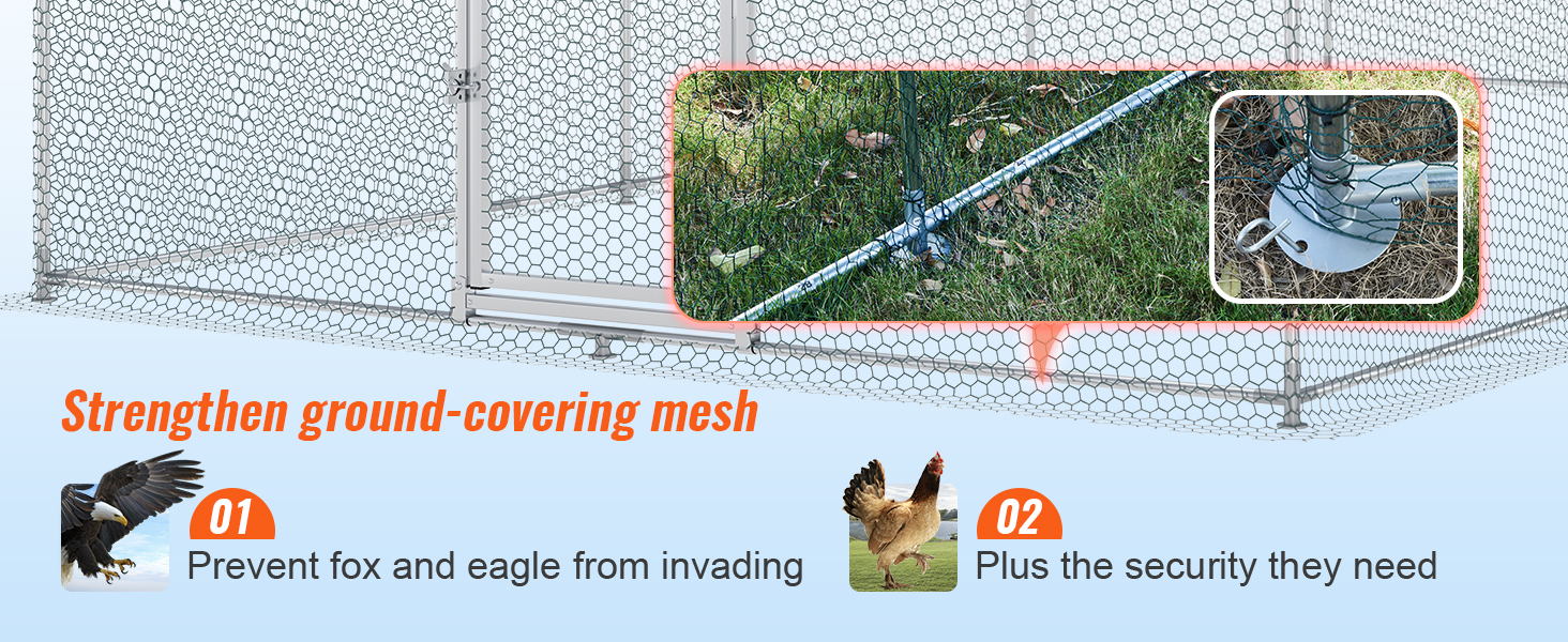 VEVOR large metal chicken coop with reinforced mesh to prevent fox and eagle invasions. secure and durable.