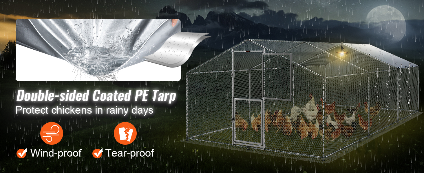 VEVOR large metal chicken coop with double-sided coated pe tarp, wind-proof, and tear-proof design.