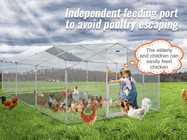 child feeding chickens inside VEVOR large metal chicken coop in a green field with text on benefits.