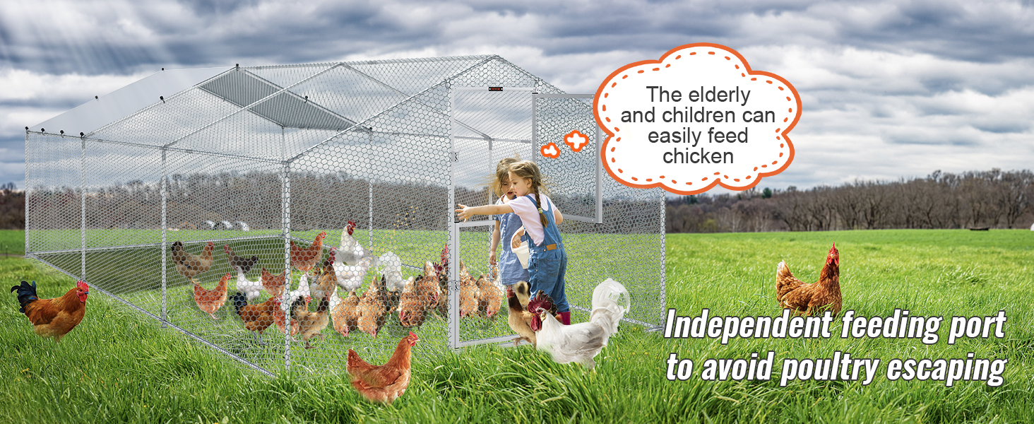child feeding chickens inside VEVOR large metal chicken coop in a green field with text on benefits.