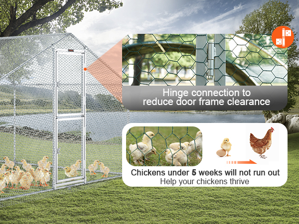 VEVOR large metal chicken coop with chicks under a sunny tree, hinge details, and growth stages.
