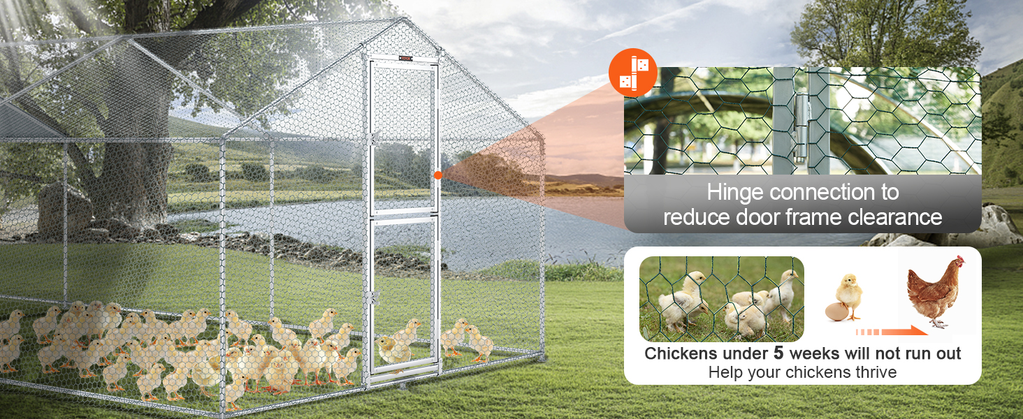 VEVOR large metal chicken coop with chicks under a sunny tree, hinge details, and growth stages.