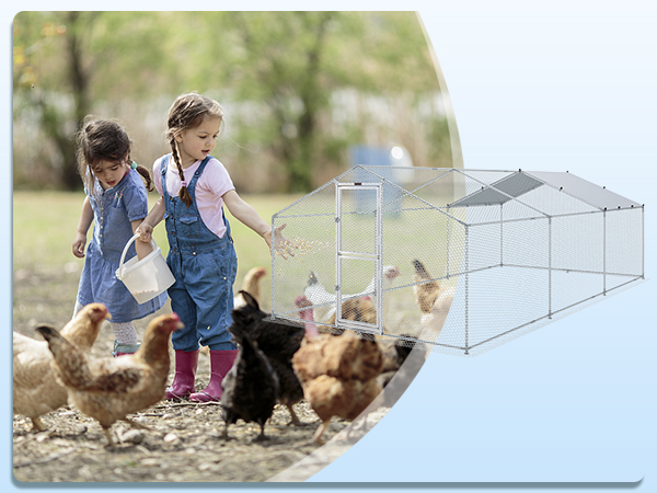 children feeding chickens next to a VEVOR large metal chicken coop in a farm setting.