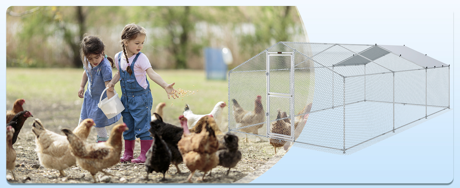 children feeding chickens next to a VEVOR large metal chicken coop in a farm setting.