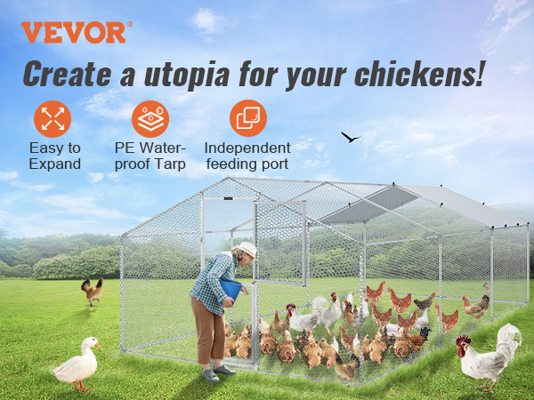 VEVOR large metal chicken coop with pe tarp and independent feeding port in a grassy field.
