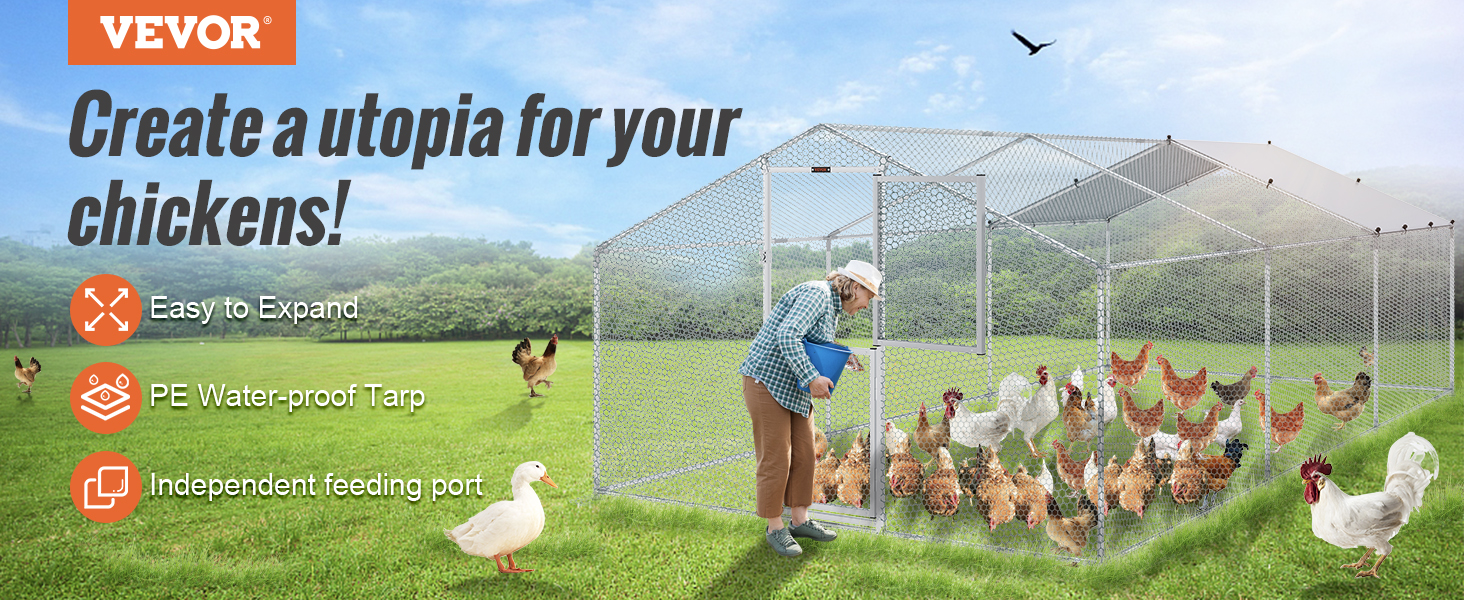 VEVOR large metal chicken coop with pe tarp and independent feeding port in a grassy field.