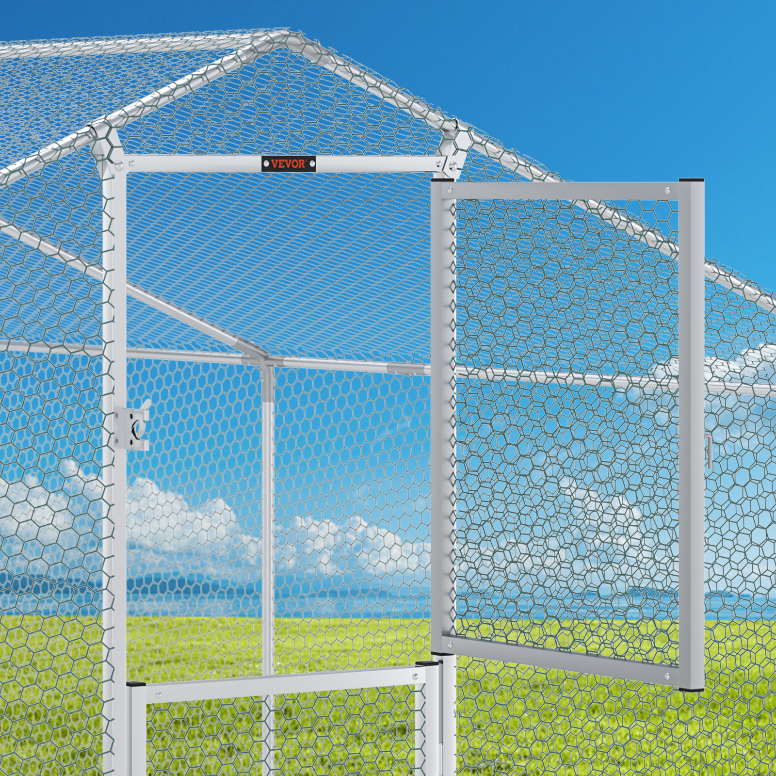 VEVOR large metal chicken coop with hexagonal wire mesh and sturdy white frame under a clear blue sky.