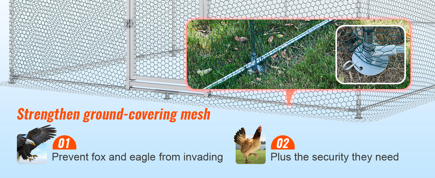 VEVOR large metal chicken coop with ground-covering mesh to prevent fox and eagle invasions.