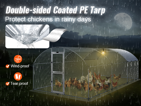 VEVOR large metal chicken coop in rainy weather with a double-sided coated pe tarp for wind and tear protection.