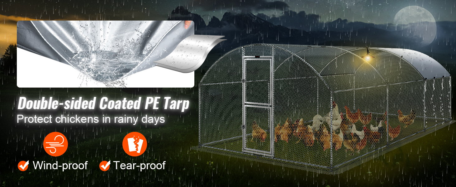 VEVOR large metal chicken coop in rainy weather with a double-sided coated pe tarp for wind and tear protection.