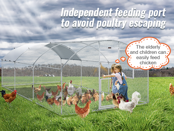 VEVOR large metal chicken coop with independent feeding port in a grassy field with chickens.