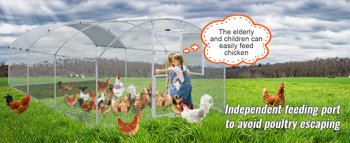VEVOR large metal chicken coop with independent feeding port in a grassy field with chickens.