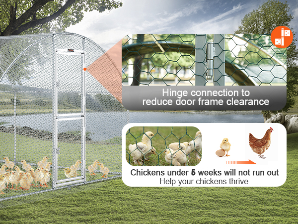 VEVOR large metal chicken coop with hinged door and chicks on green pasture by a lake.