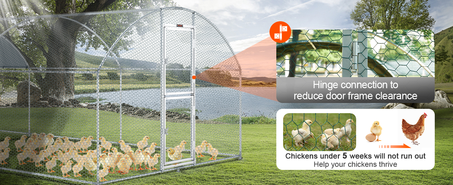 VEVOR large metal chicken coop with hinged door and chicks on green pasture by a lake.
