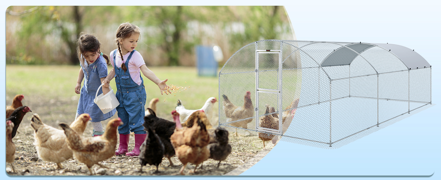 children feeding chickens beside a VEVOR large metal chicken coop in a grassy outdoor setting.