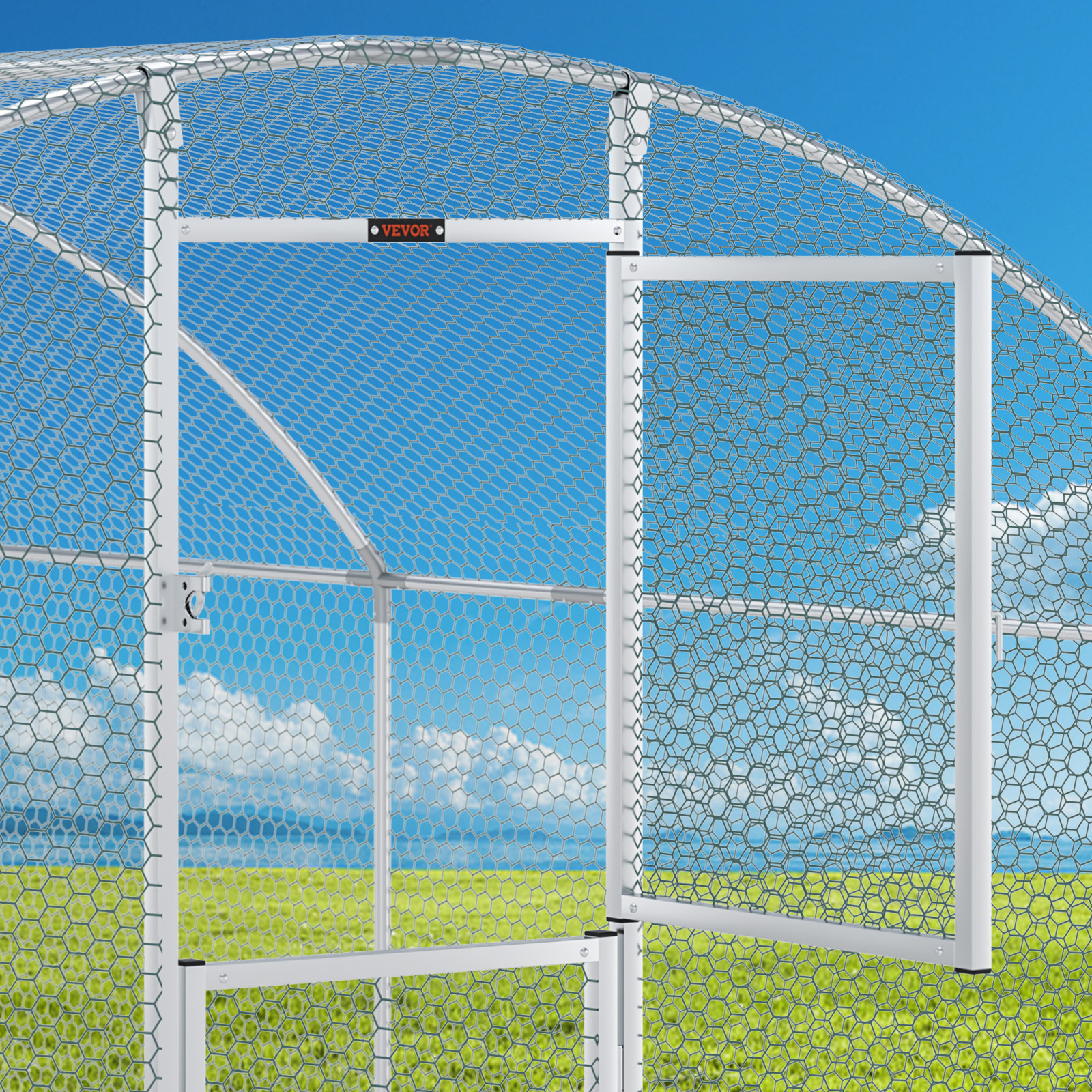 VEVOR large metal chicken coop with wire mesh door and metal frame under a clear blue sky.