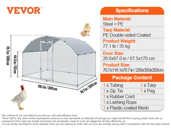 VEVOR chicken coop dimensions and specifications, featuring steel and pe construction, door details.