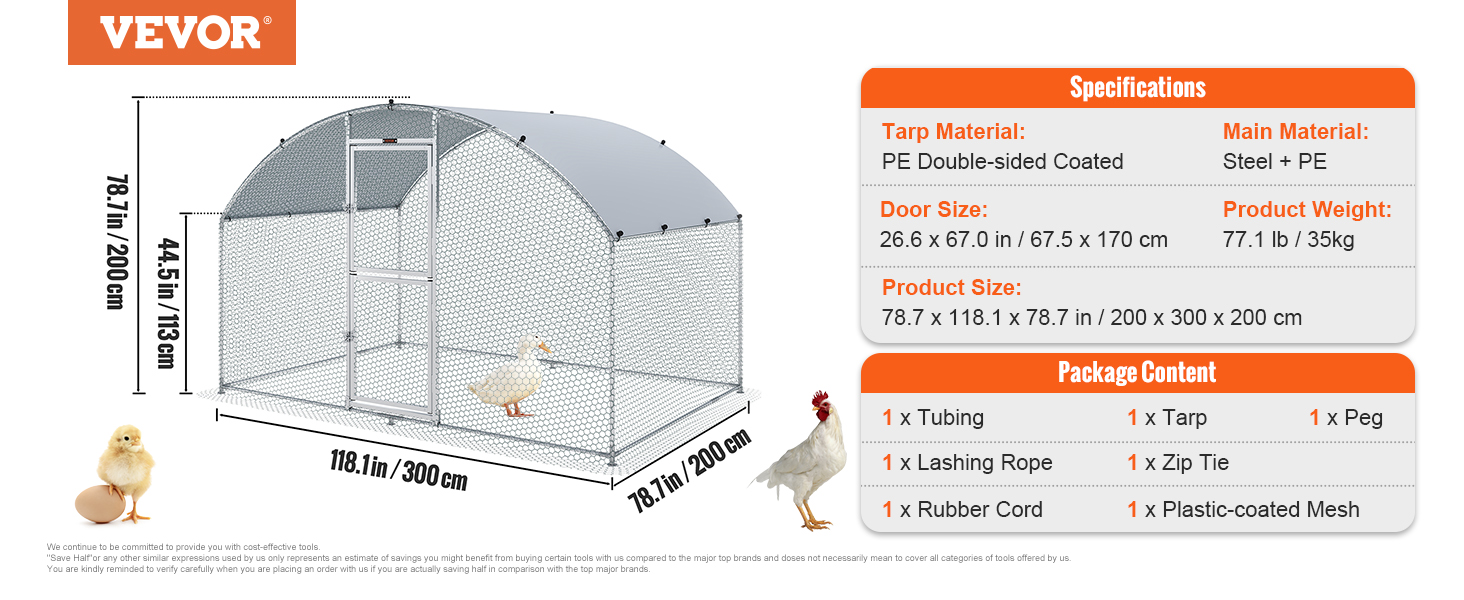 VEVOR chicken coop dimensions and specifications, featuring steel and pe construction, door details.