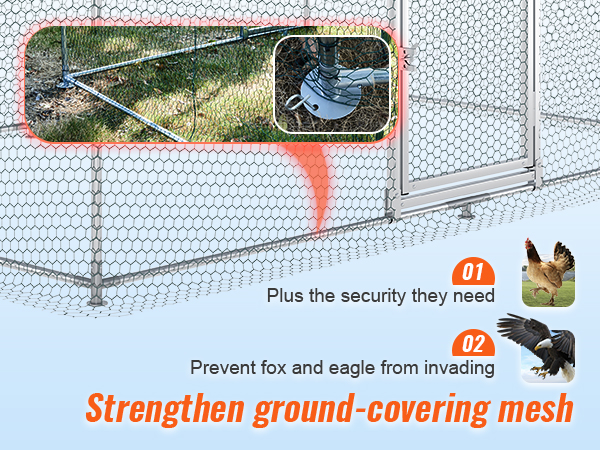 VEVOR chicken coop strengthened ground-covering mesh prevents fox and eagle invasions, ensuring security.