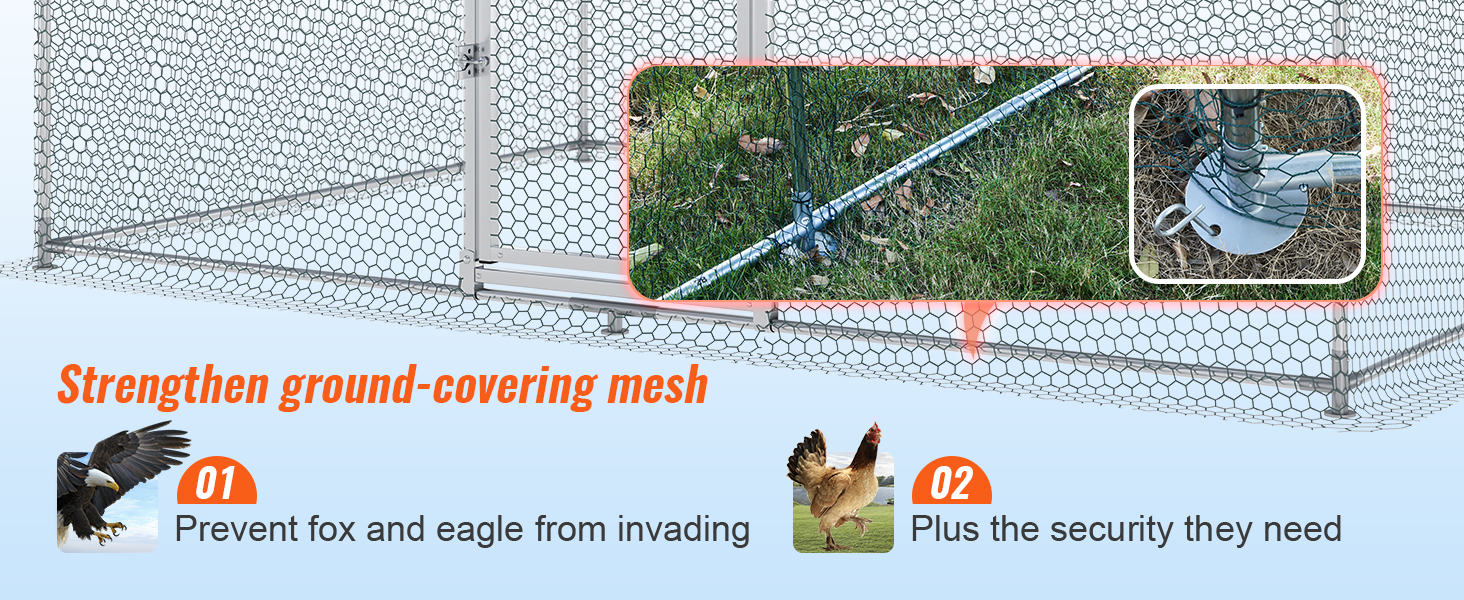 VEVOR chicken coop strengthened ground-covering mesh prevents fox and eagle invasions, ensuring security.
