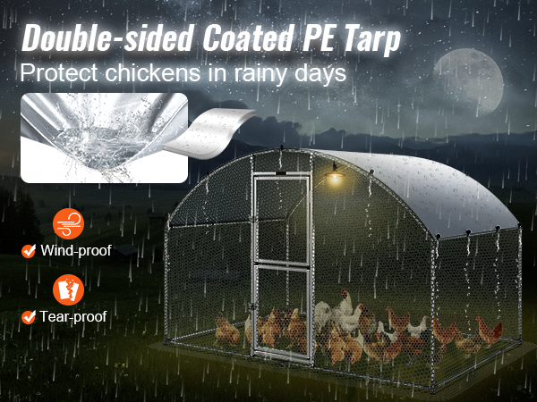 VEVOR chicken coop with double-sided coated pe tarp protecting chickens in the rain; wind-proof, tear-proof.