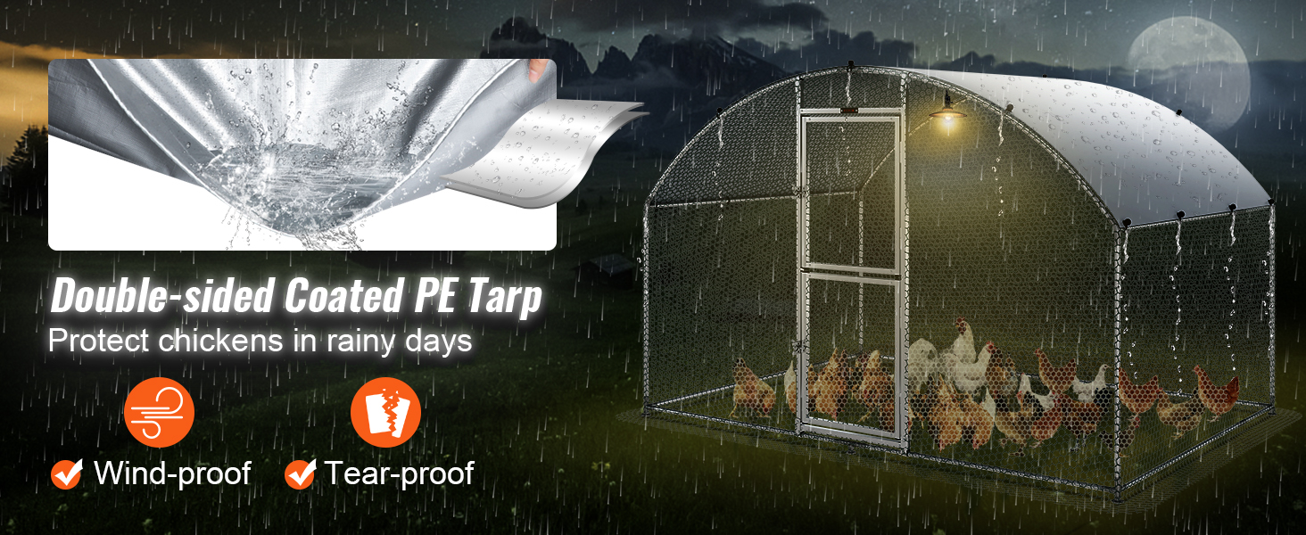 VEVOR chicken coop with double-sided coated pe tarp protecting chickens in the rain; wind-proof, tear-proof.