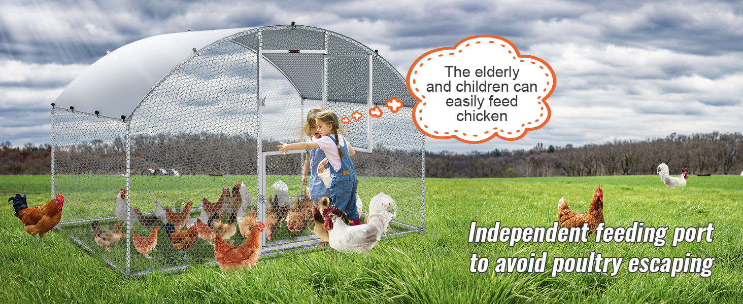 VEVOR chicken coop with feeding port and child feeding hens, ensuring poultry safety and easy access.