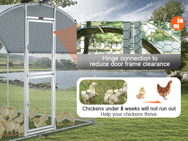 VEVOR chicken coop with hinged door, secure wire mesh, and chickens inside on a sunny lawn.