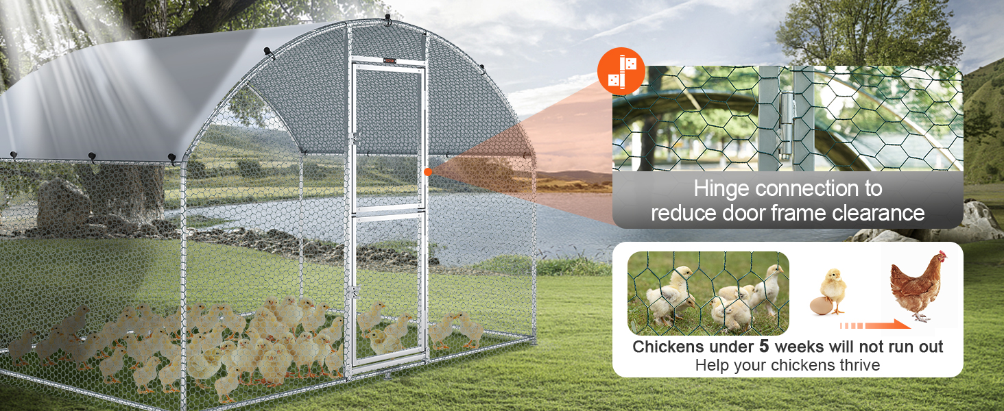 VEVOR chicken coop with hinged door, secure wire mesh, and chickens inside on a sunny lawn.