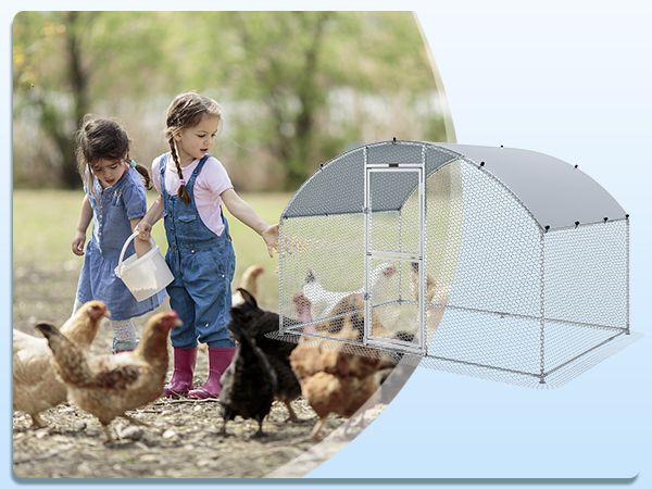children feeding chickens near VEVOR chicken coop in a vibrant farm setting.