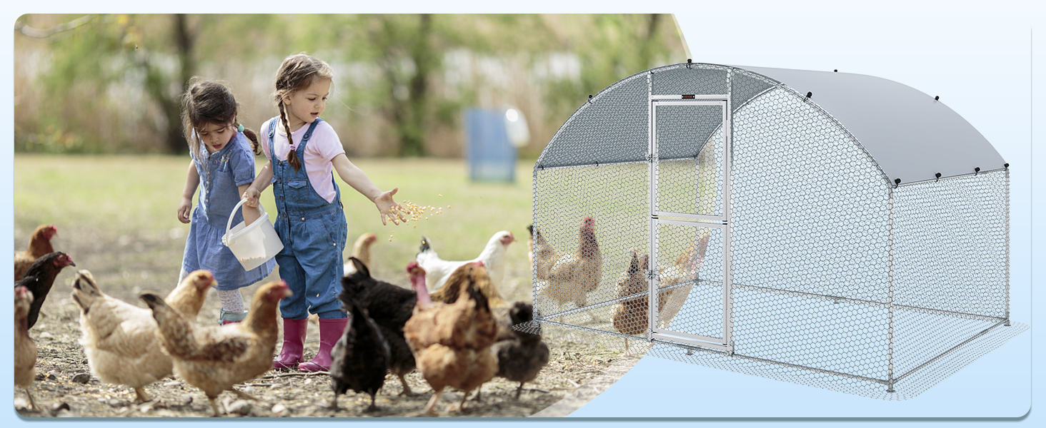 children feeding chickens near VEVOR chicken coop in a vibrant farm setting.
