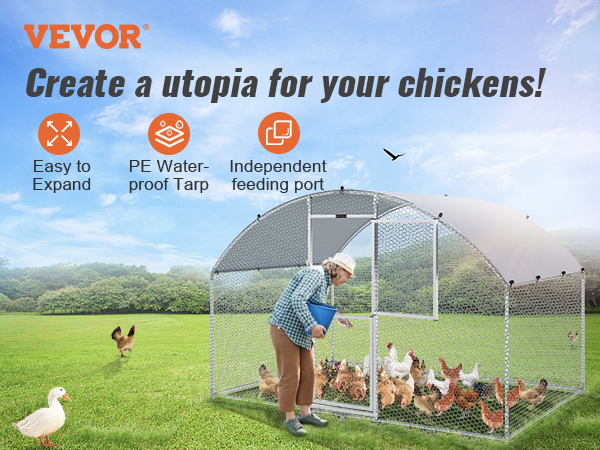VEVOR chicken coop with pe waterproof tarp, easy expansion, and independent feeding port in a grassy field.