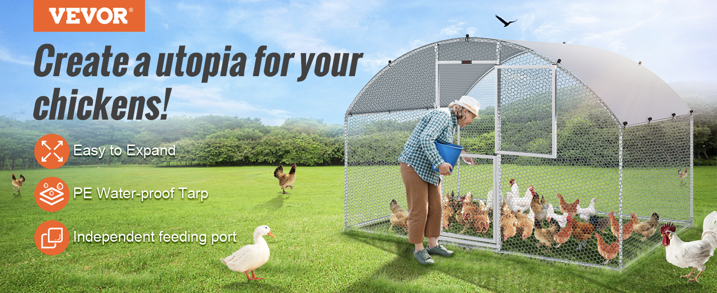 VEVOR chicken coop with pe waterproof tarp, easy expansion, and independent feeding port in a grassy field.
