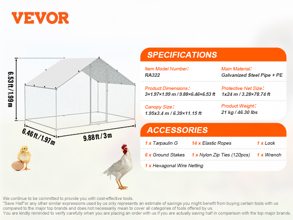 VEVOR chicken coop details with dimensions, materials, and accessories shown.