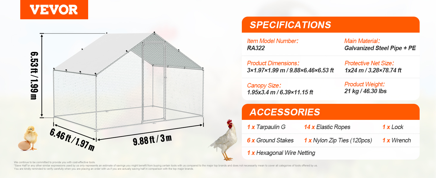 VEVOR chicken coop details with dimensions, materials, and accessories shown.