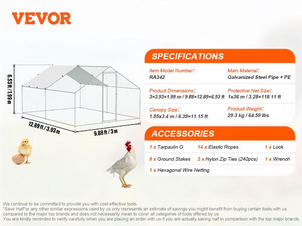 VEVOR large metal chicken coop specs and accessories listed on a detailed infograph for easy reference.