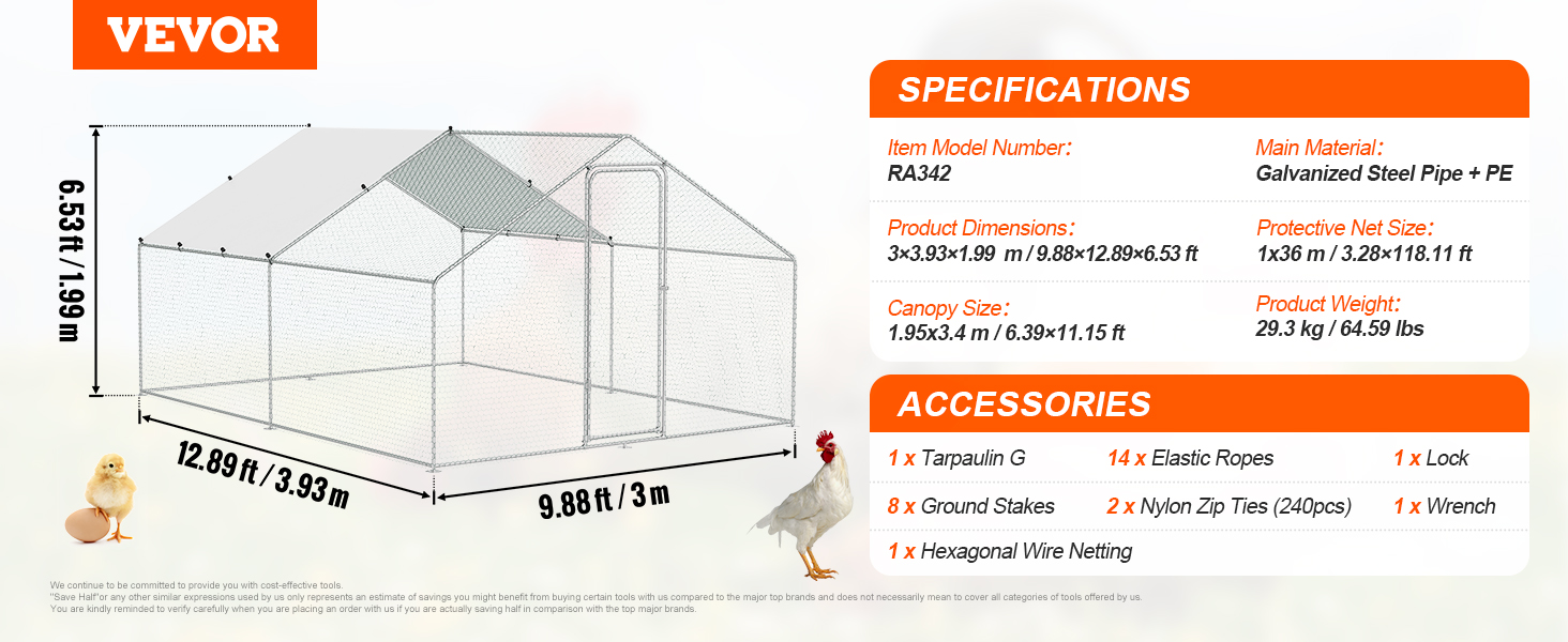 VEVOR large metal chicken coop specs and accessories listed on a detailed infograph for easy reference.