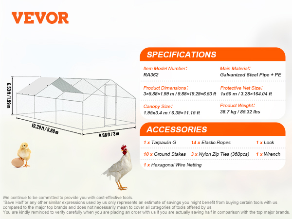 VEVOR chicken coop dimensions 19.29ft x 9.88ft x 6.53ft, accessories, and specifications display.