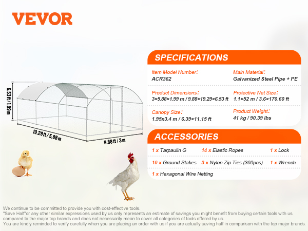 VEVOR chicken coop with dimensions and specifications, featuring accessories like tarpaulin and zip ties.