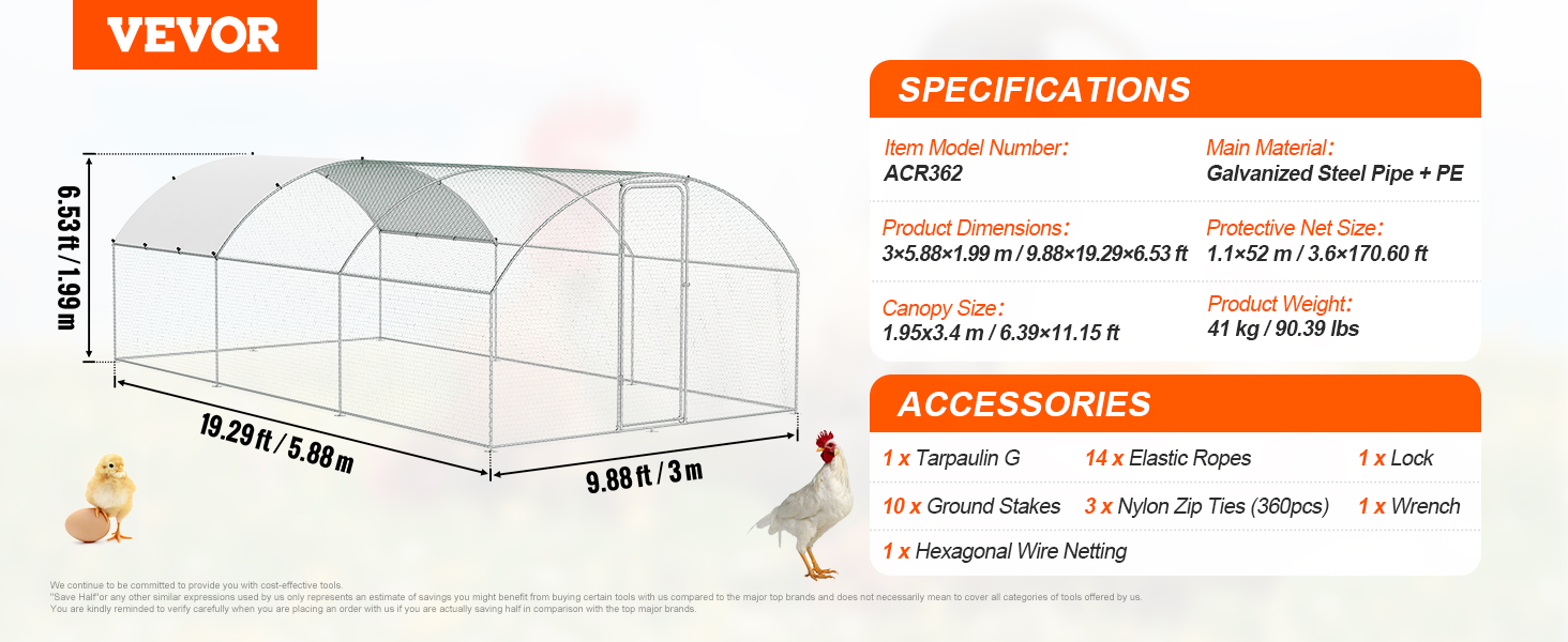 VEVOR chicken coop with dimensions and specifications, featuring accessories like tarpaulin and zip ties.
