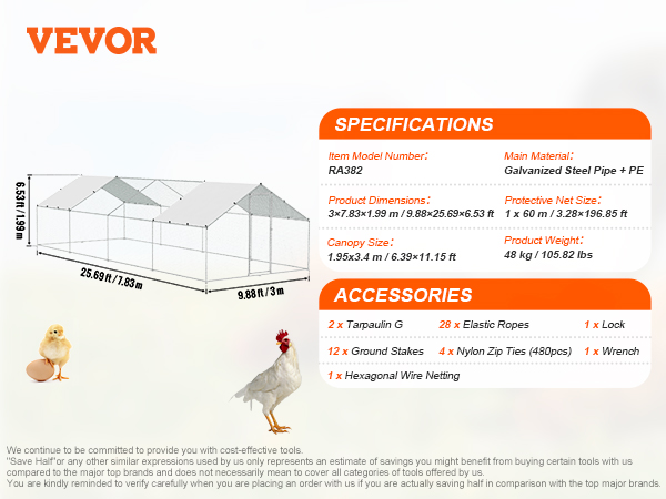 VEVOR large metal chicken coop with dimensions, specifications, and accessories listed on an illustrated guide.
