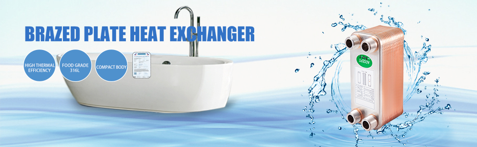 VEVOR heat exchanger next to bathtub highlighting thermal efficiency and compact design.