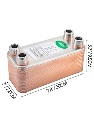 copper VEVOR heat exchanger, 20cm x 9.5cm x 7.8cm, with multiple connection ports.